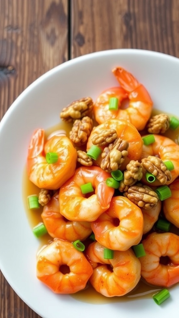 Air Fryer Honey Walnut Shrimp Recipe A plate of crispy honey walnut shrimp garnished with walnuts and green onions on a wooden table.